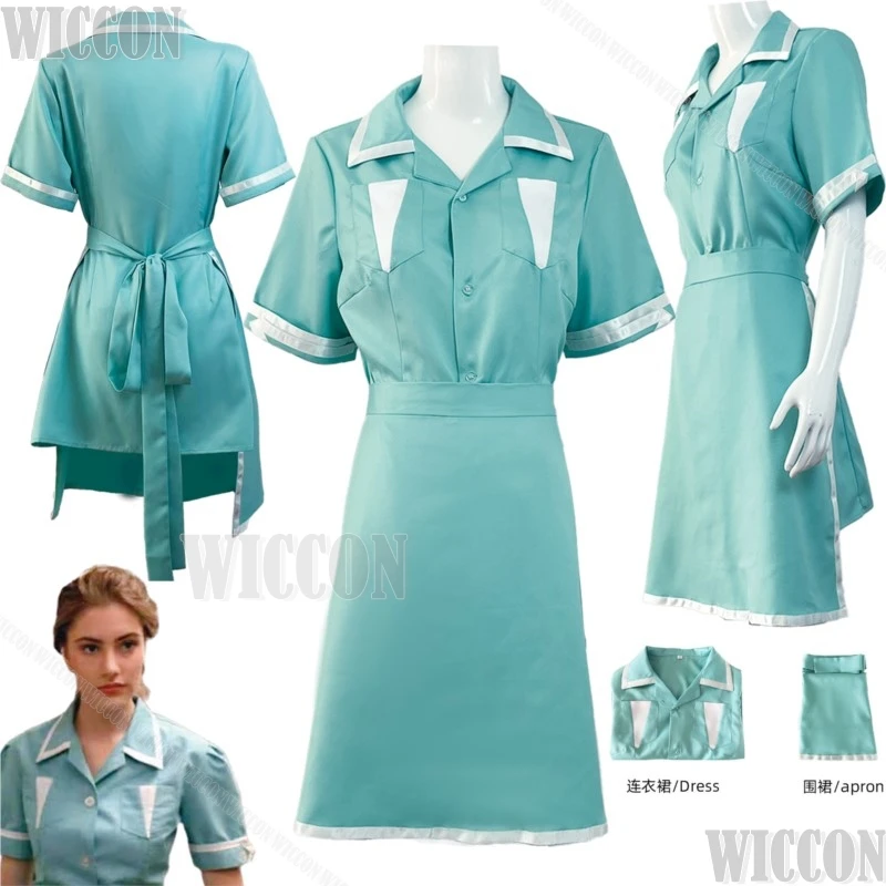 Waitress Horro TV Movie Twin Cosplay Peaks Costume Blue Green Dress Apro Woman Girl Clothes Christmas Halloween Navidad Carnaval