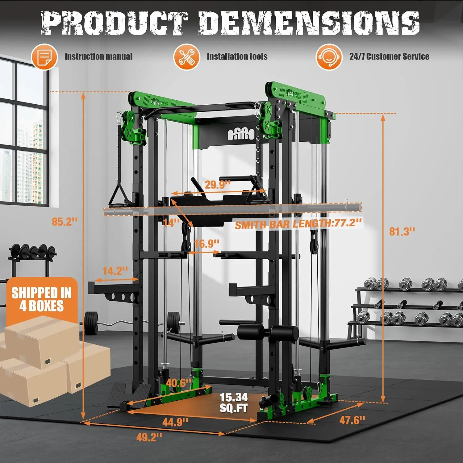 Home Gym All in One,2000LBS Squat Rack Power Cage with Smith Bar,Leg Press and More Workout Equipment, Customized