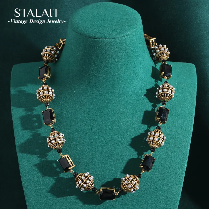 

Vintage Designer Antique Black Crystal Choker Necklace Pearl Ball Woman Collar Charm Jewelry Gold Color Wedding Gift Girls