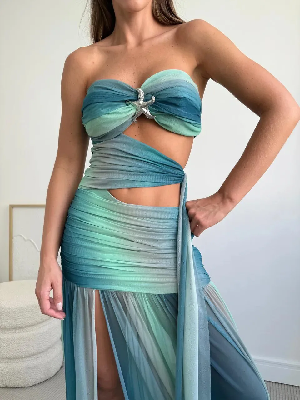 Blue Tie-dye  Cut Out Maxi Dress Women Sexy Beach Holiday High Split Bandage Vestidos 2025 Summer Sleeveless Chic Robe Dresses