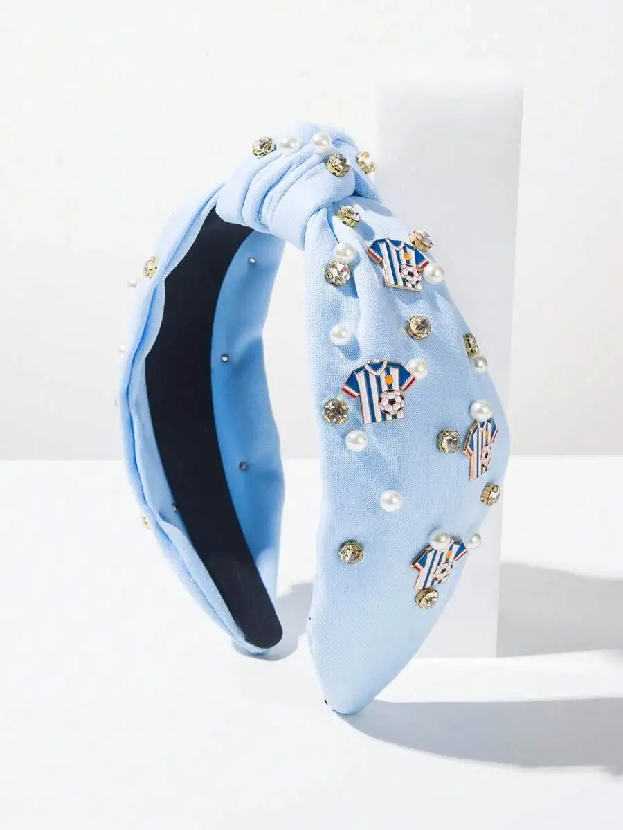 

Light Blue Knotted Headband With Rhinestones Pearls And Soccer Jersey Embellishments For Women