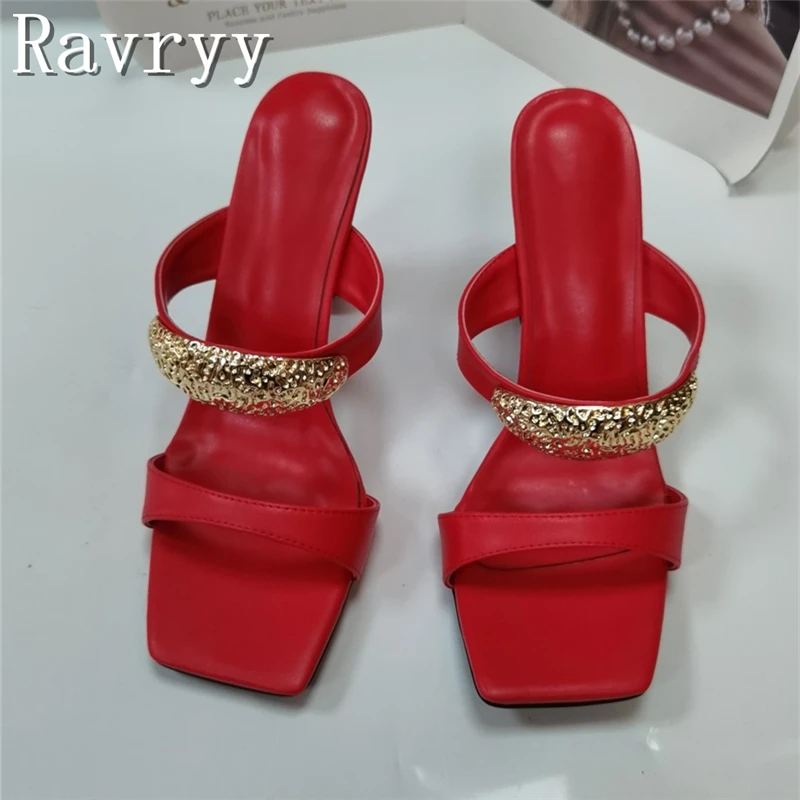 مصمم جديد ديكور معدني النساء النعال مربع المفتوحة تو سميكة عالية الكعب الانزلاق على الصنادل أحذية الصيف موجزة #1