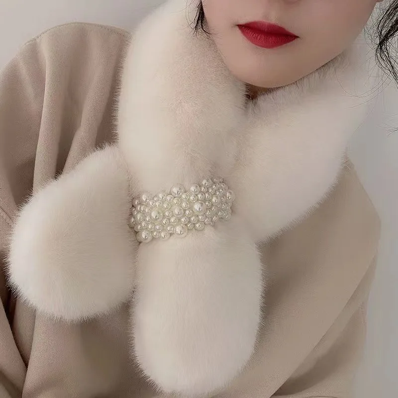 Korean Women Pearl Faux Rabbit Fur Collar Cross Plush Scarf for Female Winter Outdoor Thicken Neck Protection Warm Shawl Gifts