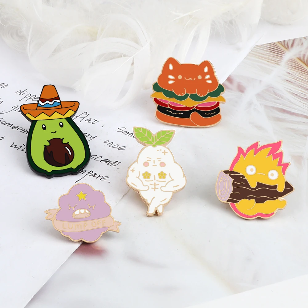 Cartoon Combustion Demon Pins Badge for Kids Funny Ginseng Fruit Cowboy Avocado Brooches Cute Animal Enamel Pin Backpack Jewelry