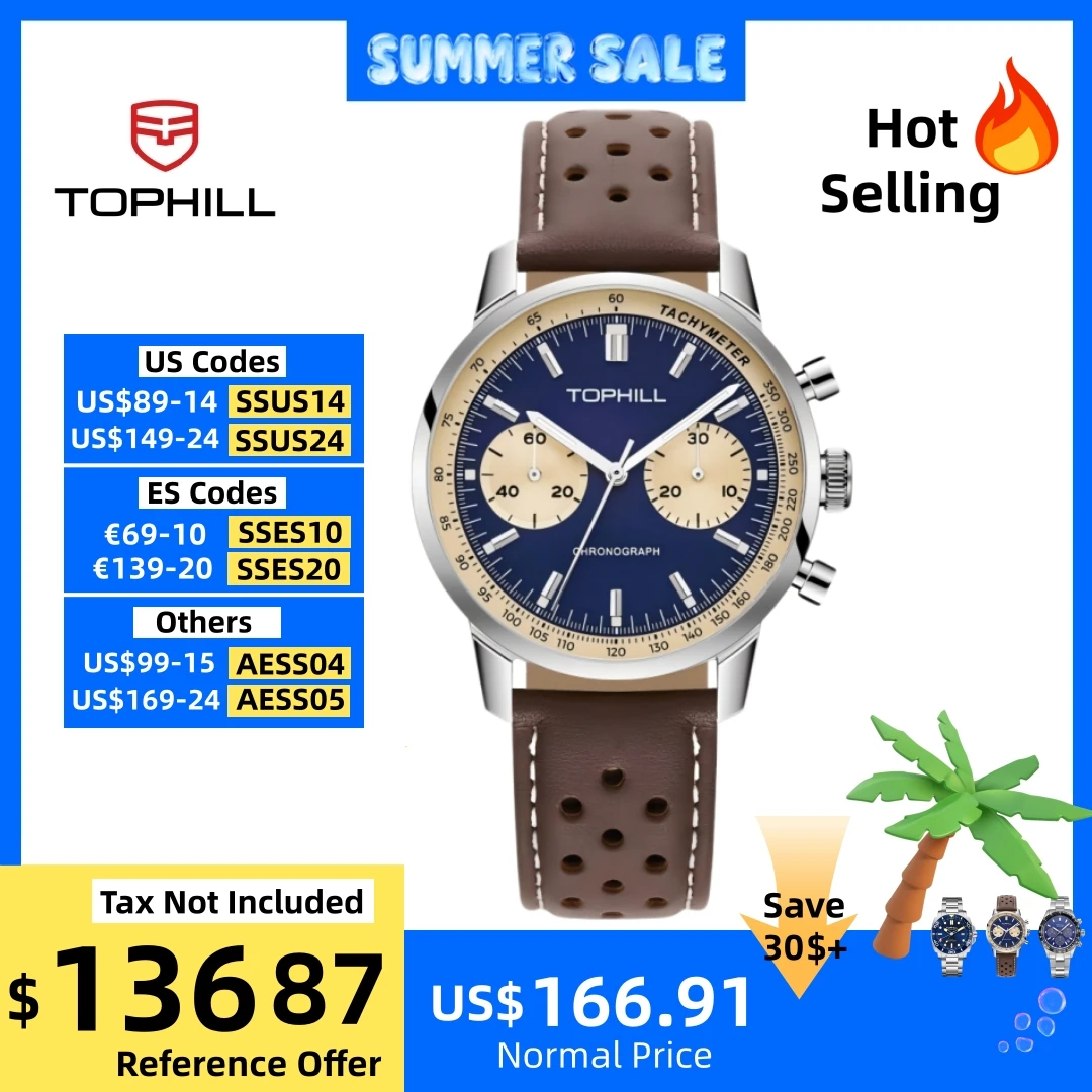 Reloj mecánico para hombre TOPHILL Vintage Racing Chronograph ST1901 Seagull Movt. Correa de cuero militar Pilot Sapphire 5ATM TL027G