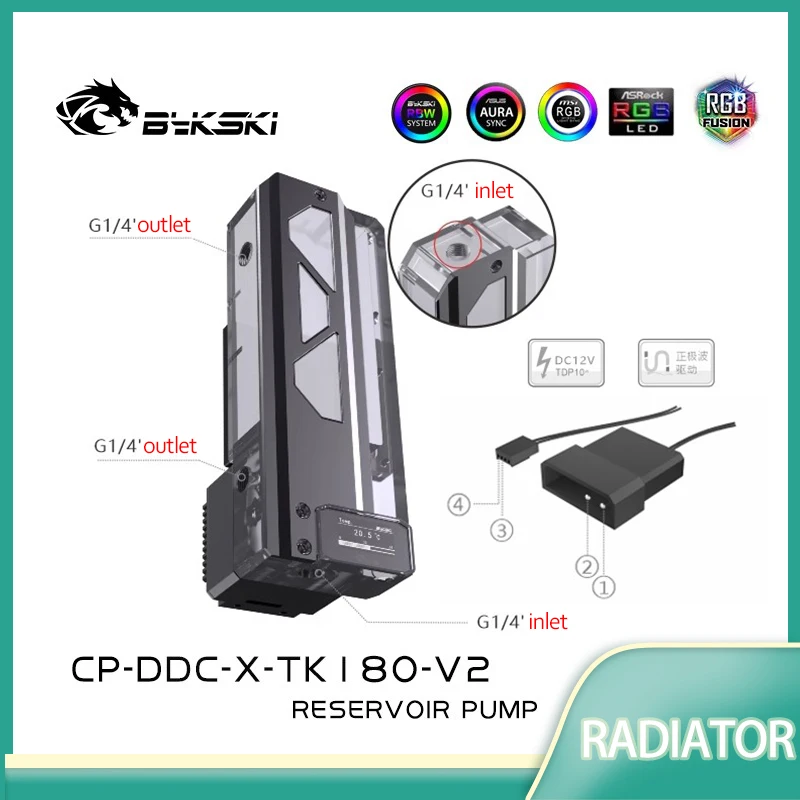 Bykski CP-DDC-X-TK180-V2/220 Квадратный интегрированный резервуарный насос AIO Акриловый резервуар с водяным охлаждением/с дисплеем температуры/RGB-подсветкой