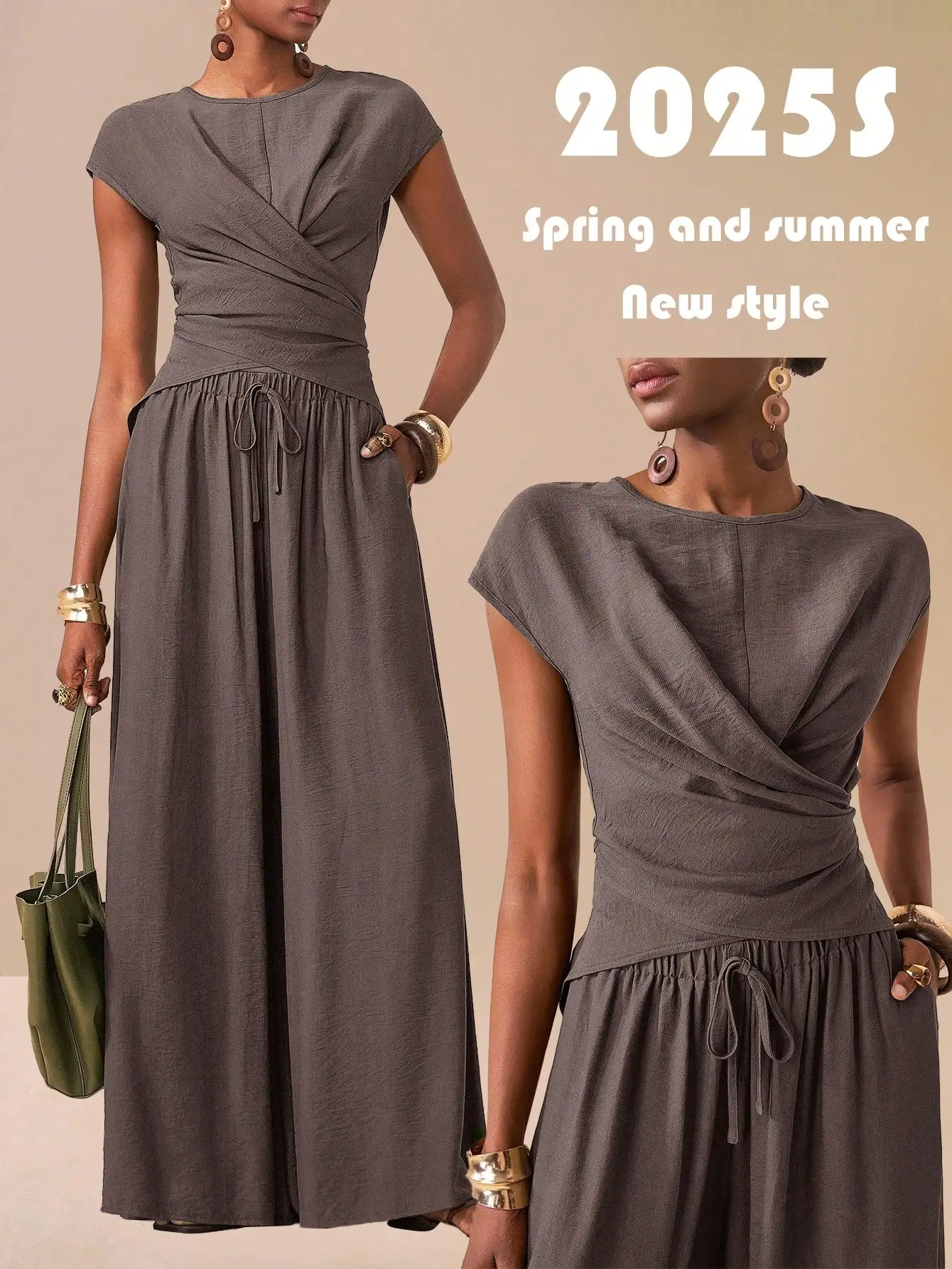 

Весенне-летний комплект из двух предметов для женщин: элегантный повседневный наряд с широкими брюками