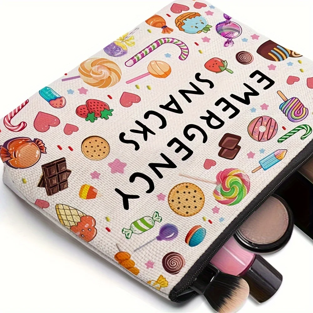 

Emergency Snacks Makeup Bag Fun Candy Treat Design Lightweight Travel Pouch for Women Compact Cosmetic Organizer Zipper Closure
