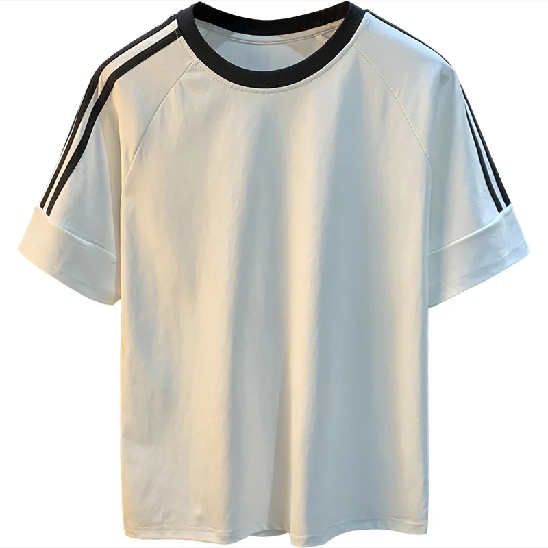 Summer thin short sleeved T-shirt men's striped contrasting splicing sleeve round neck loose fashionable top