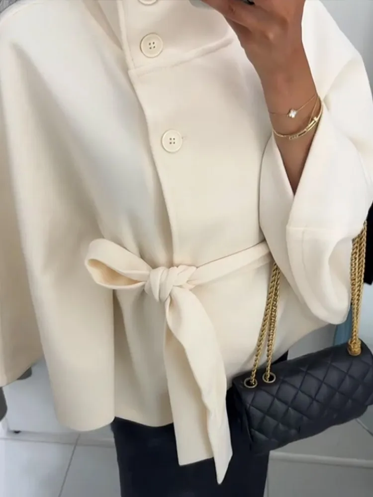 

Elegant White Belt Lace Up High Neck Coats Women Wide Sleeve Straight Collar Single Breasted Jacket 2025 New Lady Street Wear