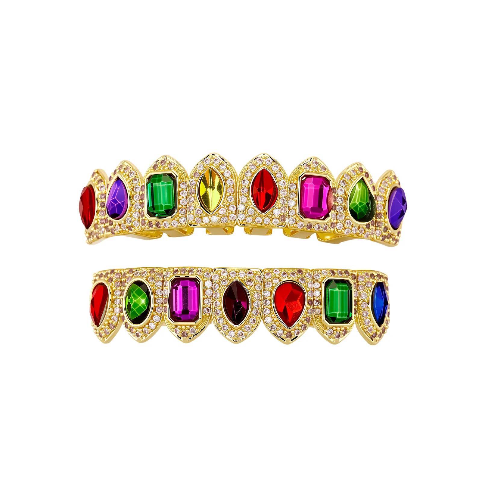 14K Gold Plated Rainbow CZ 8 Teeth Single Row Grillz Iced Out Hip Hop Tooth Caps Christmas Cosplay Party Jewelry Gift