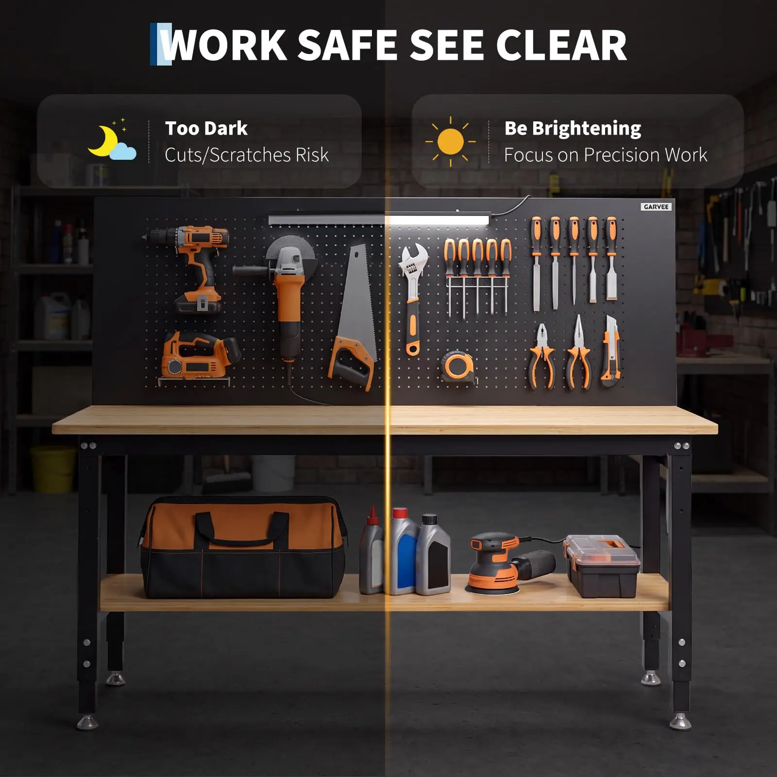 Heavy-Duty Adjustable Height Workbench, 60 X 22 in Work Table for Garage & Workshop - Pegboard, Storage Shelf, Wood Top/Steel Frame