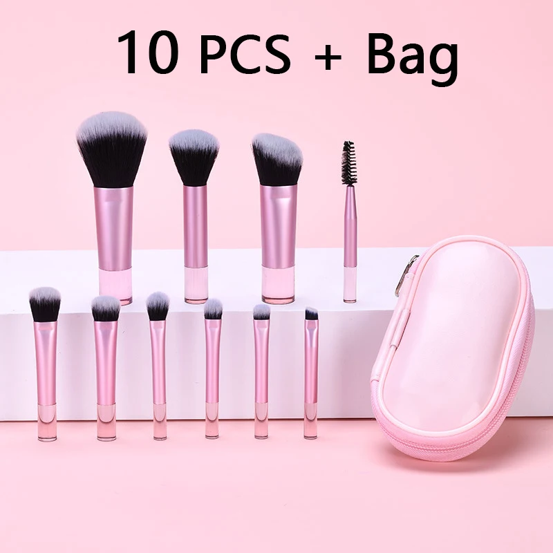 Conjunto de pincéis de maquiagem rosa para iniciantes, mini pincéis portáteis para base e sombra com alça de cristal inclui bolsa de pincel com 10 peças