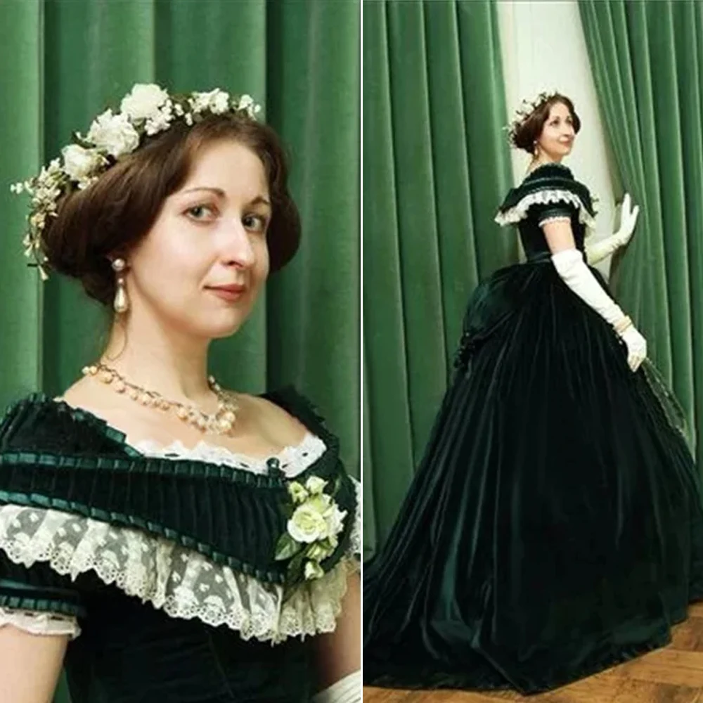 Green Velvet 1860s Victorian Civil War Scarlett Costume Princess sisi the empress Dress Vintage Southern Belle Costume Ball Gown