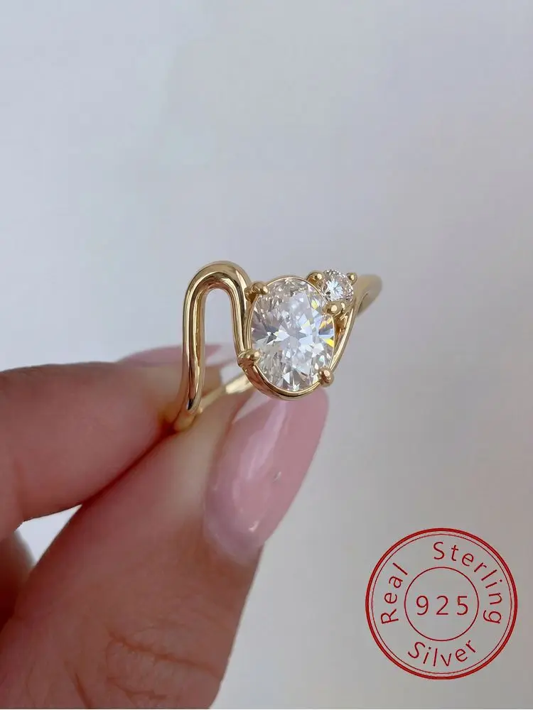 925 Sterling Silber Einfache Glänzende Welle Mode Oval Zirkon Ring Für Frauen Jahrestag Hochzeit Täglichen Party Luxus Edlen Schmuck