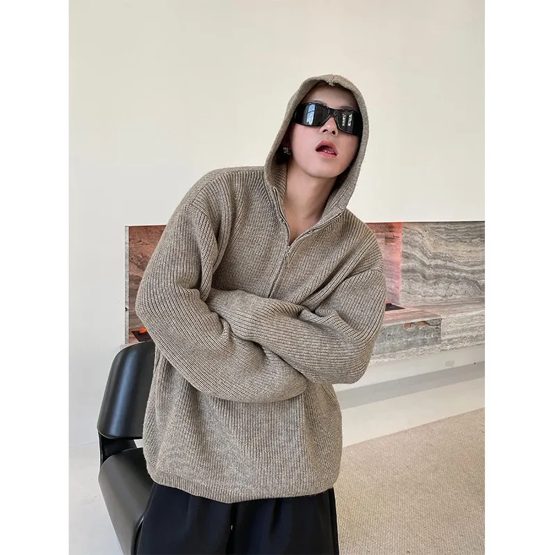 

Autumn Winter New Korean Pullover Knitted Unisex Layered Half-Zip Lazy Style Loose Hooded Sweater Jacket Trendy