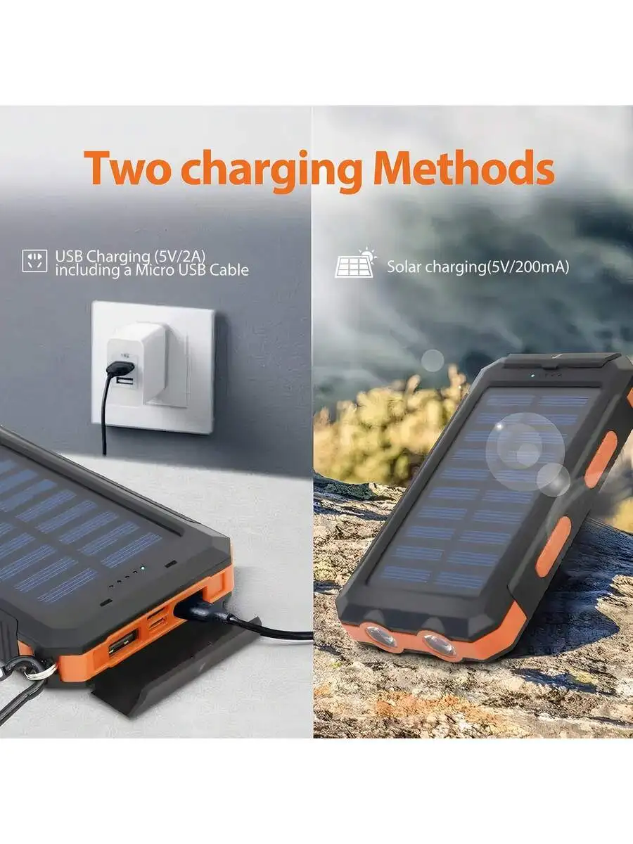 

10000mAh Solar Power Bank With Flashlight USB Type-C Micro Input Outdoor Emergency Charger