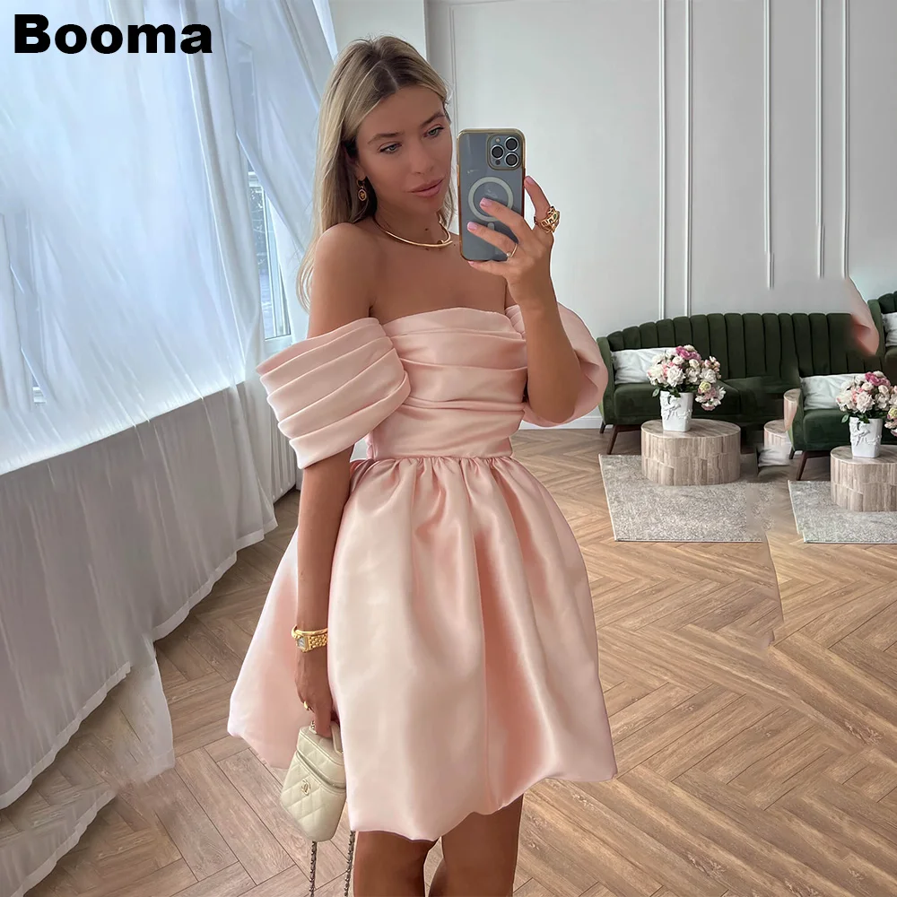 Booma Pink Mini Prom Gowns  Off Shoulder Pleat Ball Gown A-Line Cocktail Dresses Special Occasion Dresses Women\'s Birthday Party