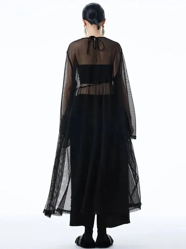 Women Black Grid Hollow Out Big Size Long Casual Dress New Round Neck Long Sleeve Fashion Tide Spring Autumn