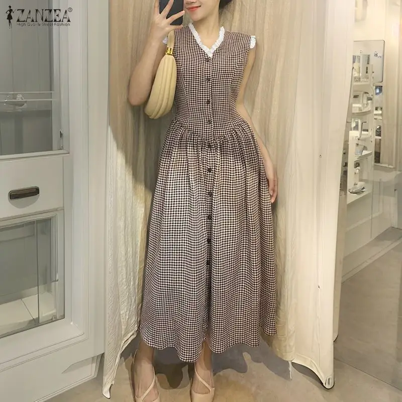 Sommer ZANZEA Damenkleid Spitze Patchwork Ärmellos Plissiert Lange Kleider Übergröße 3XL OL Arbeit Party Sommerkleid Streetwear Vestidos