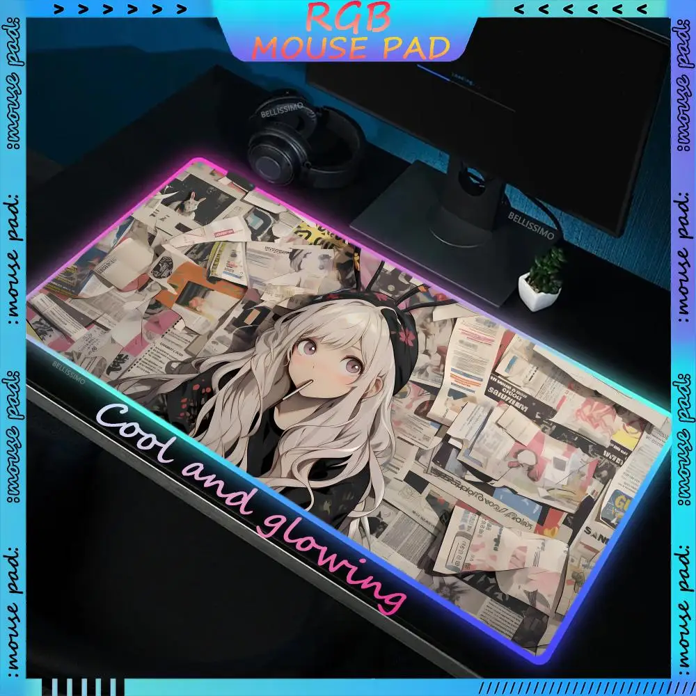 RGB Mouse Pad Anime Girl Oversized Gaming Computer Pad Cute Lock Edge Desk mat Gaming Keyboard Pad LED Gaming Rubber Accessories