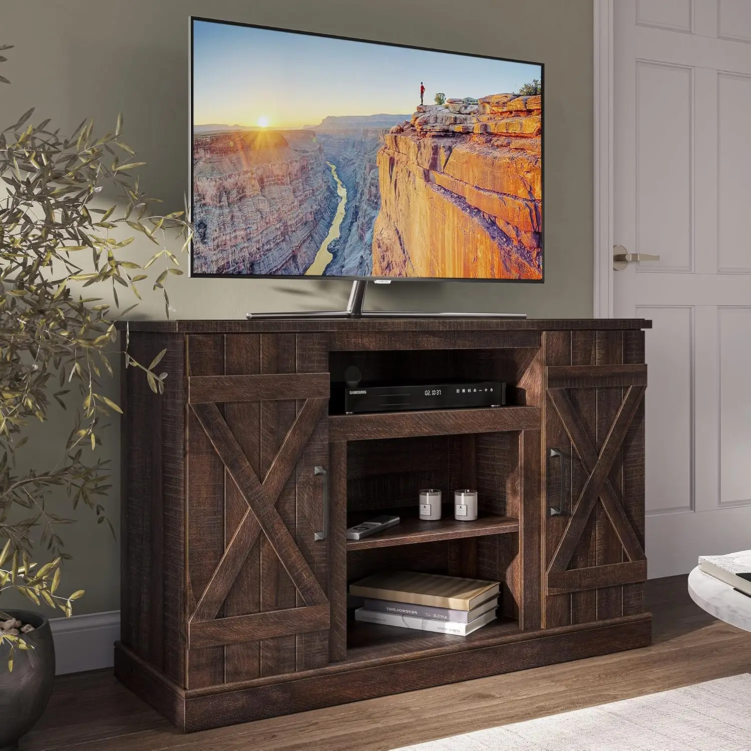 

BELLEZE Industrial 47 Inch Rustic Wood TV Stand & Media Entertainment Center Console Table for TVs up to 50 Inch w/Open Storage