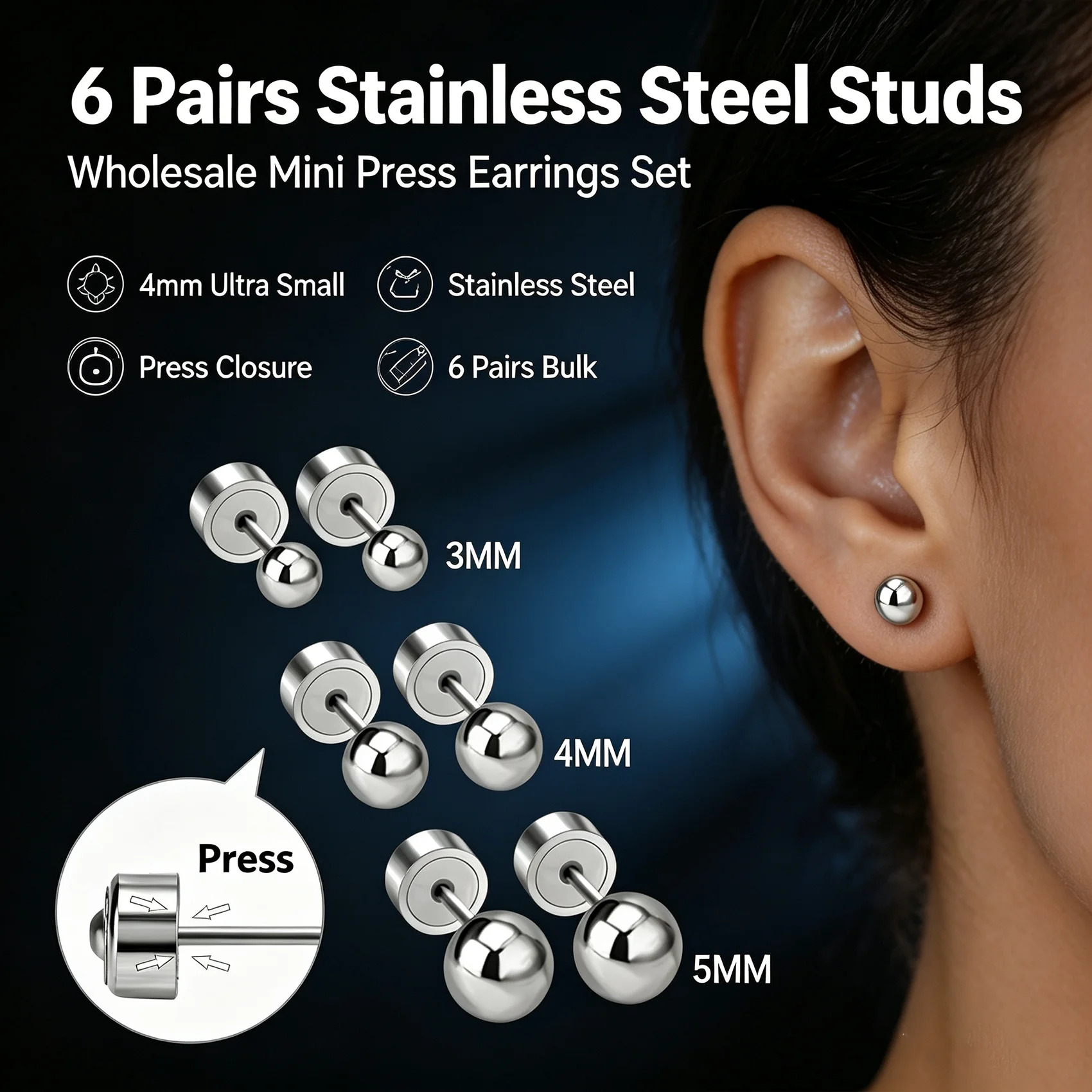 Wholesale 6 Pairs Mini Ball Stud Earrings Stainless Steel Press Back 3mm 4mm 5mm Anti-lost Ear Piercing Jewelry Set