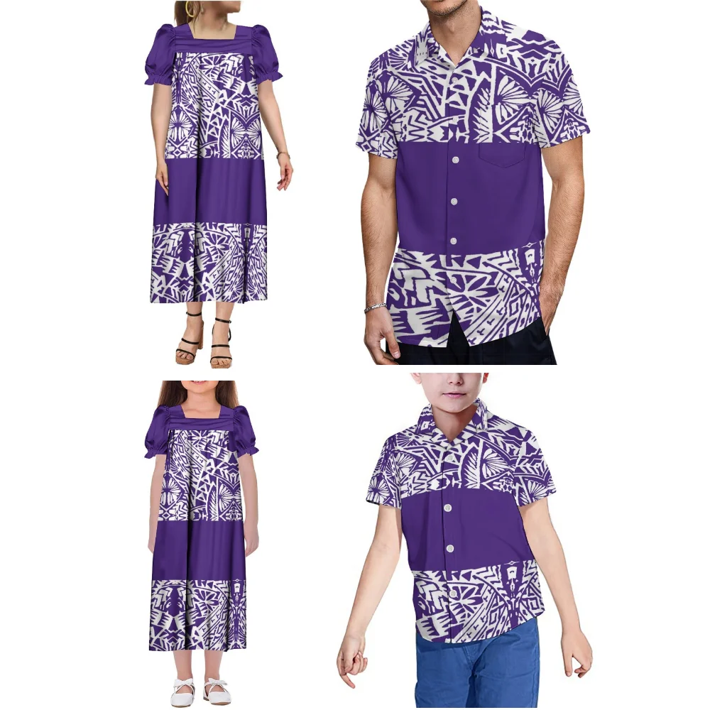 Maßgeschneiderte hawaiianische bedruckte Hemdoberteile für Herren und Jungen, Mumu-Kleider für Damen und Mädchen, polynesische Familien-Party-Outfits