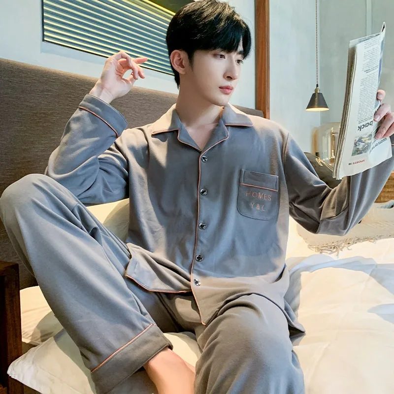 2024 New Pajama Men's Summer Pure Cotton Loungewear Long Sleeved Thin Sleepwear Set Spring Autumn V-neck Loose Homewear