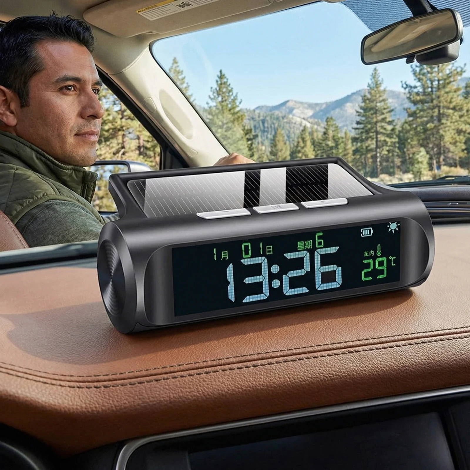 Car Dashboard Solar Clock with Time/Date/Temperature Display Solar-Powered Vehicle Electronic Clocks for Cars Trucks Accessories