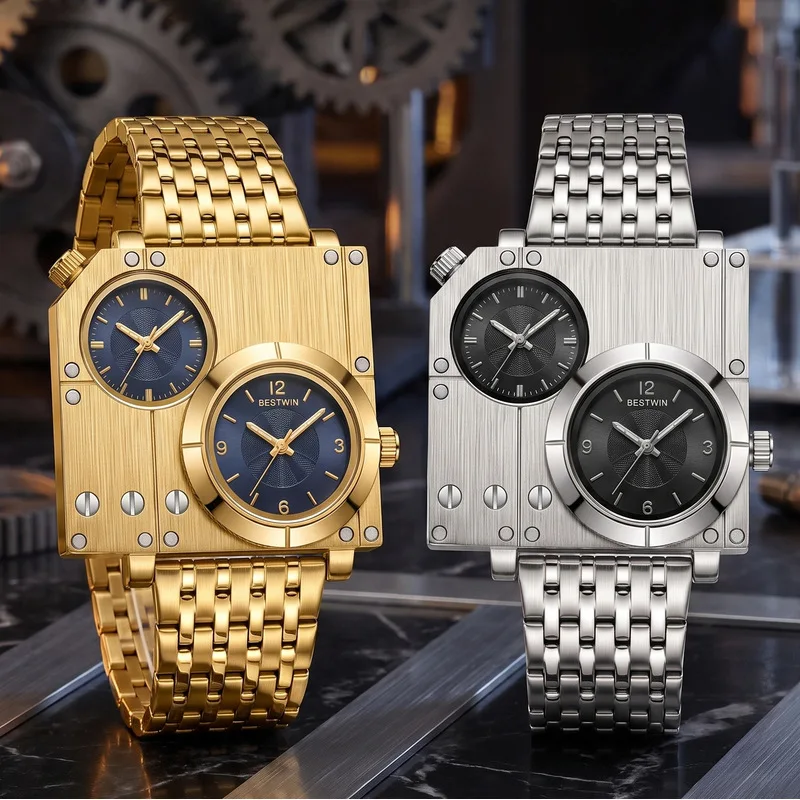 Personalized Square Large Dial Men's Business Quartz Wristwatch Luxury Male Business Wristwatch Dual Time Zones For Daily Work