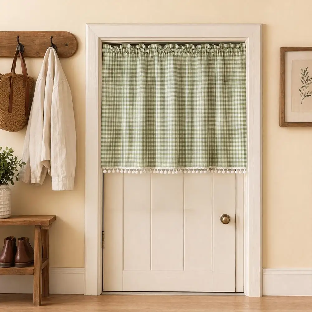 Nordic Plaid Curtain Small Door Curtain Buffalo Check Plaid Curtains with Pom-poms Short Tier Kitchen Window for Farmhouse