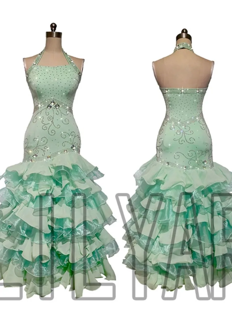 

Modern Dance Performance Competition Mint Green Off The Shoulder Sparkling Diamond Long Custom Dress