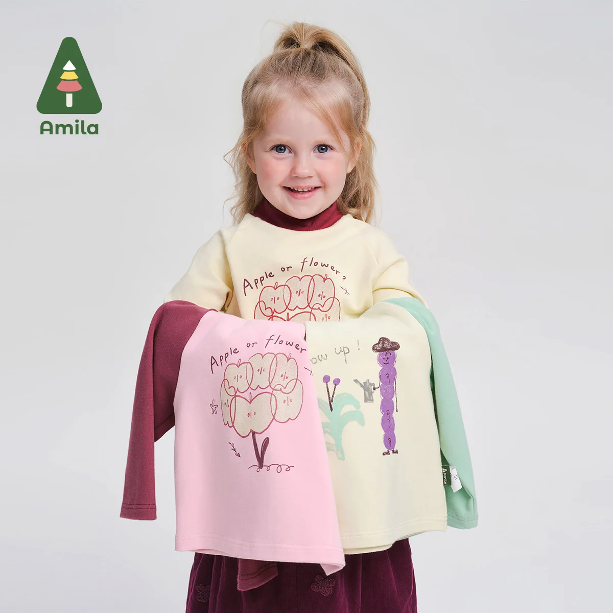 Amila Baby T-Shirt 2024 Winter New High Quality Contrast Color Cotton Fruit Letter Pattern Round Neck Soft Casual Children‘s Top