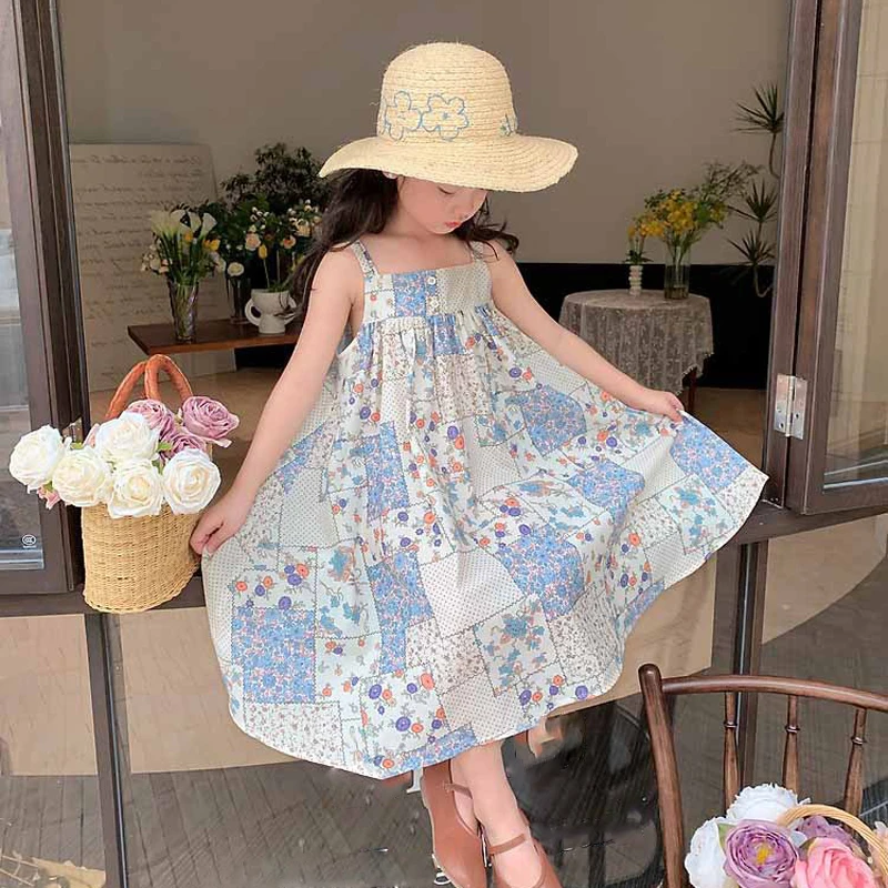 Summer Girls\' Strap Dress Plaid Flower New Casual Dress Sweet Long Dress Holiday Style Dresses For Girls Baby Vest Dress