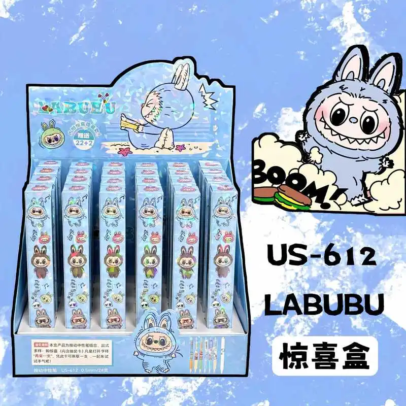 24pcs Labubu Gel Pen Cartoon Cute 0.5mm Black Press Sign Pen Independent Packaging Student Stationery Wholesale Kids Gifts