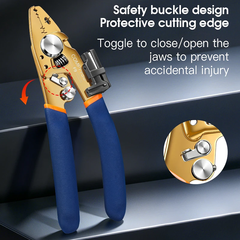 COMPTYCO AUA-F9 Multifunction Fiber Optic Stripping Pliers Gold Version FTTH Cable Stripper with Longitudinal Cable Slitter