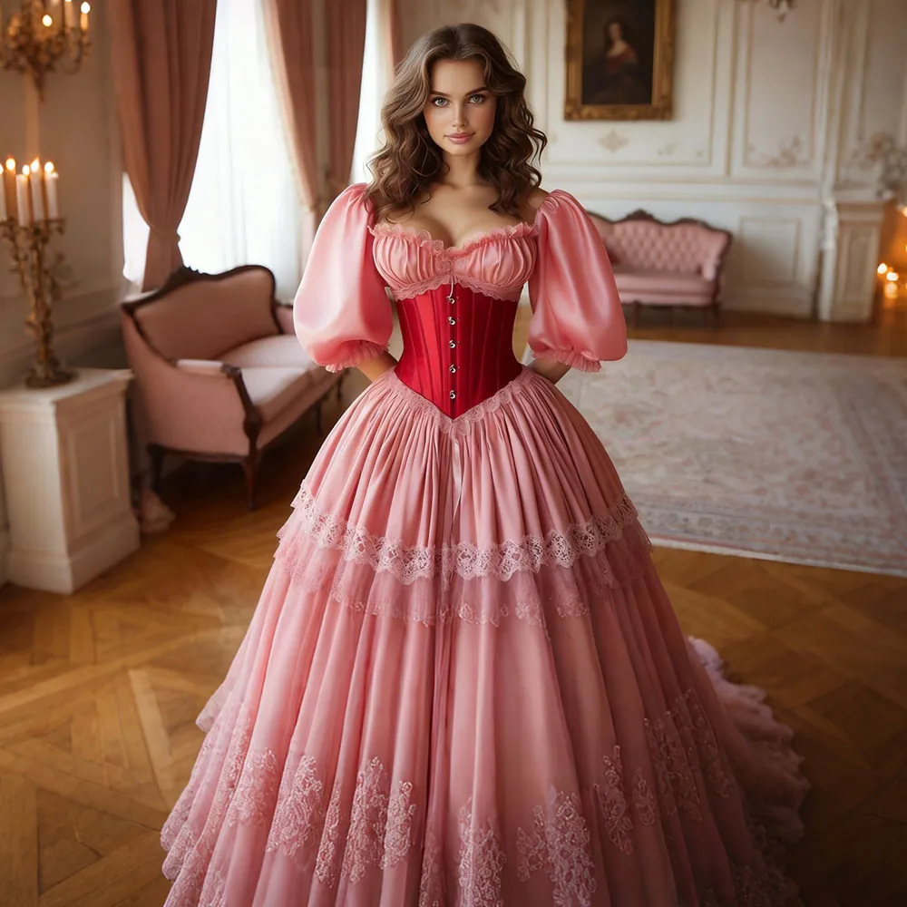 Pink Victorian Prom Dress Luxury Lace Corset Tie Applique Medieval Evening Custom Women's Party فساتين سهره