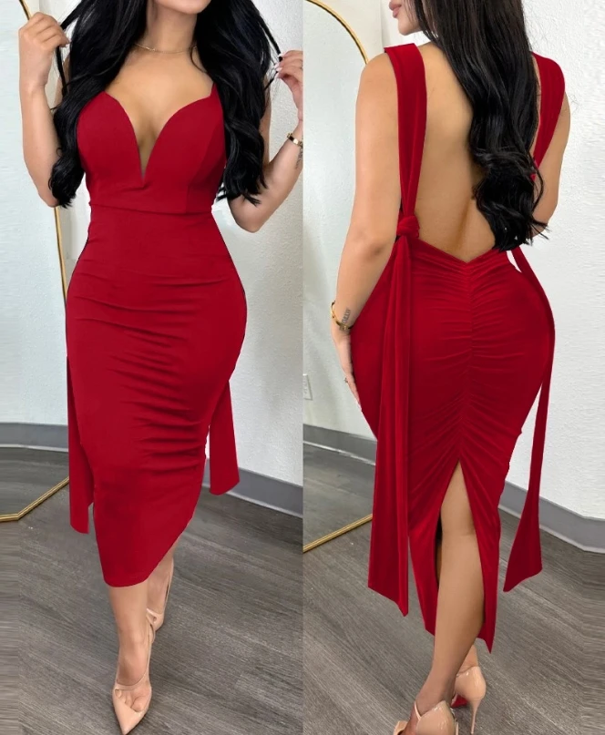 

Women's Dress Round Neck Sleeveless Twist Design Midi Dress Casual Slit Slim Fit Ribbed Dress Sexy Tight and Elegant Dress