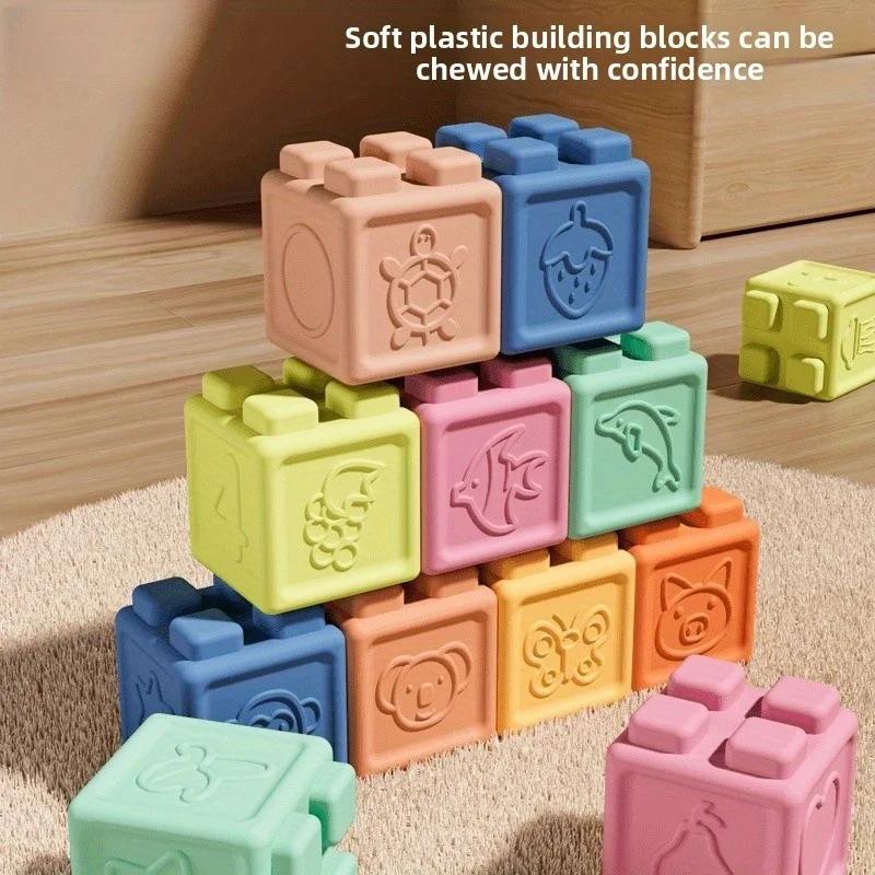 Zachte rubberen bouwstenen Puzzelspeelgoed voor vroeg onderwijs, siliconen kauwbare handgrijpstapel en constructie, voor baby's van 0-3 jaar