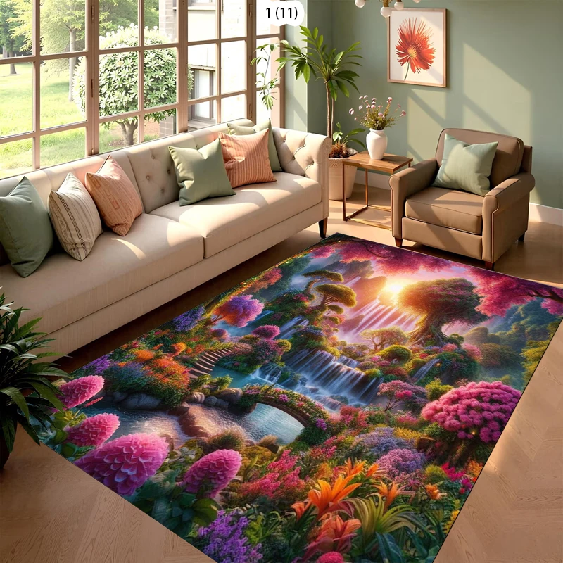Carpet Fresh Fruit Floral Stream and Fantasy Waterfall Printe Rug Carpet Mat Non-Slip for Living Room Bedroom Fresh Home Decor
