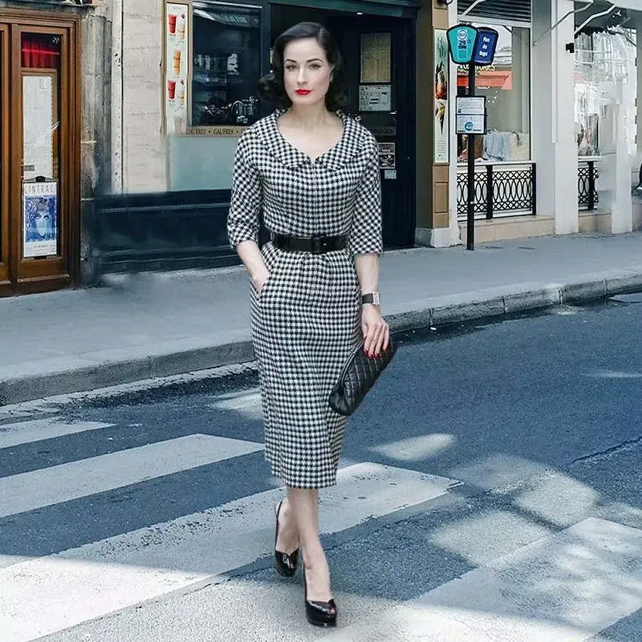 

Vintage designer Houndstooth women dress elegant OL office ladies dresses