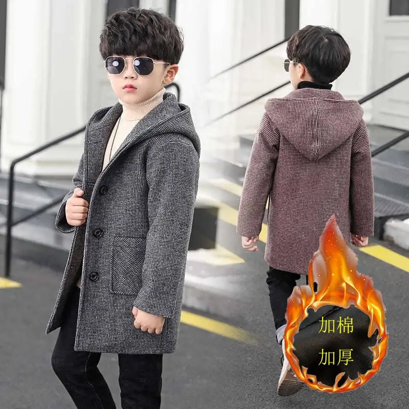 

Boys Wool Blends Coat 2022 Winter New Plus Velvet Warm Children'S Jacket Outerwear Casual Hooded Coat Teenager Clothes Trench