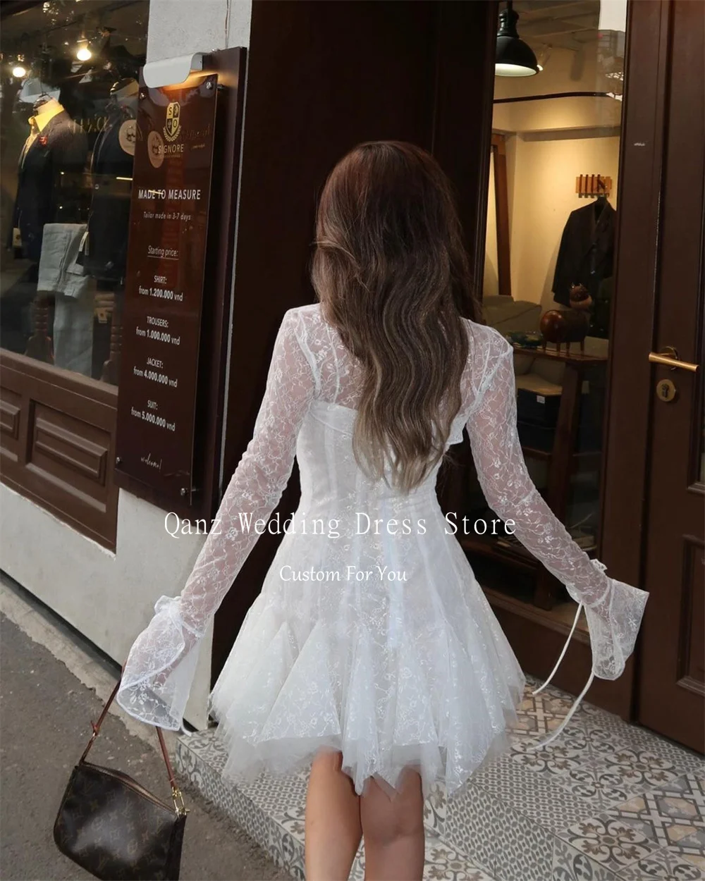 Qanz Bohemian Spaghetti Straps Wedding Party Dress Full Lace Sweetheart Short Wedding Party Dress Mermaid with Cape Bridal Gown