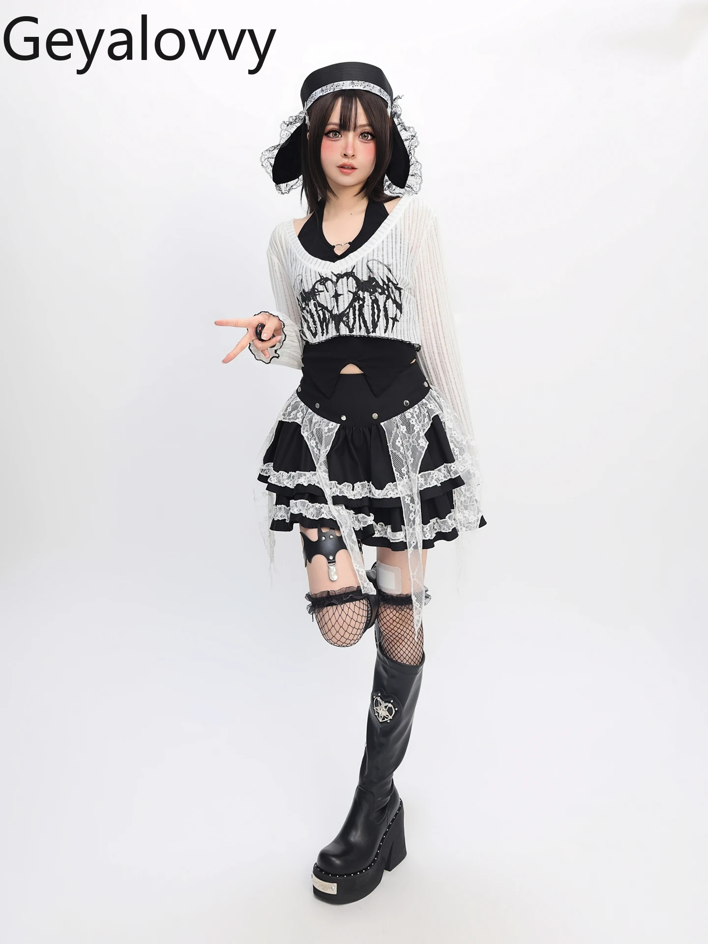 

Spring Summer Y2K Sweet Cute Girl Three-Piece Set Lace Long Sleeve Versatile Short Top and High Waist A- Line Skirt Set Outfits