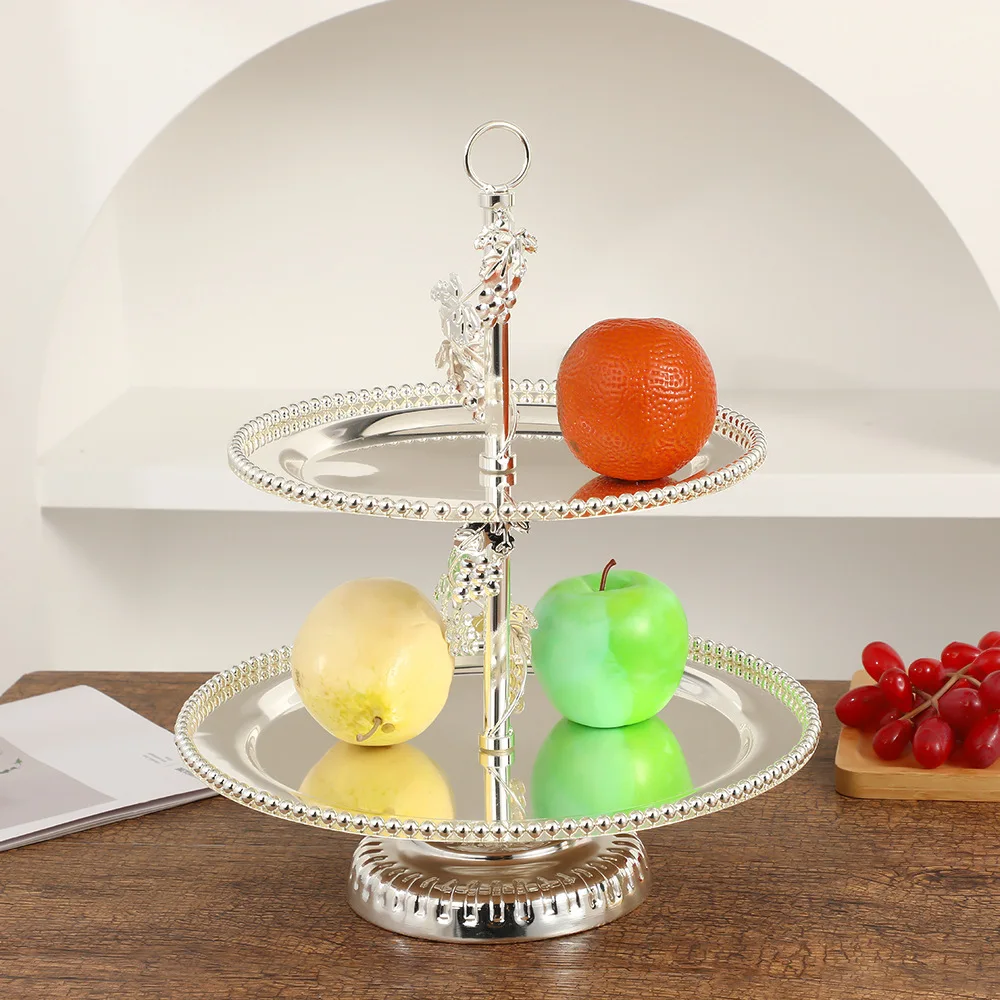 European creative double-layer light luxury fruit plate silver retro elegant metal snack plate afternoon tea snack cake rack