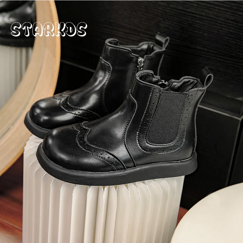 Brogue Chelsea Boots For Kids British Style Thick Sole Zip Ankle Botas Girls Boys Autumn Retro Flatform Pu Leather Shoes