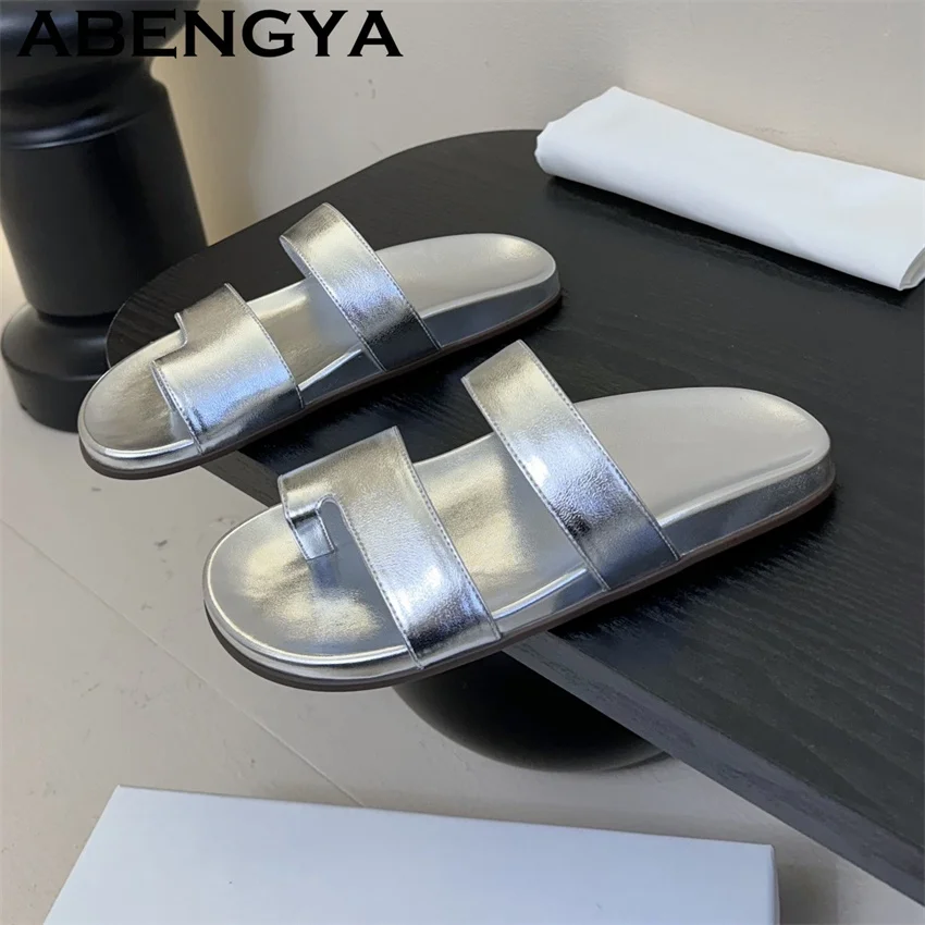 2026 Summer Round Trap Toe Flat Slippers Women Real Leather Thick Bottom Casual Beach Shoes Woman Fashion loafers Mules Slippers
