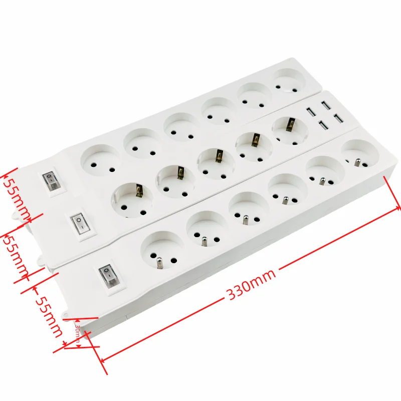 EU  Standard German France Type Socket Power Strip 2 Pin Plug With LED Indicator Switch 5/6  ways with USB EU PLUG Power Strip