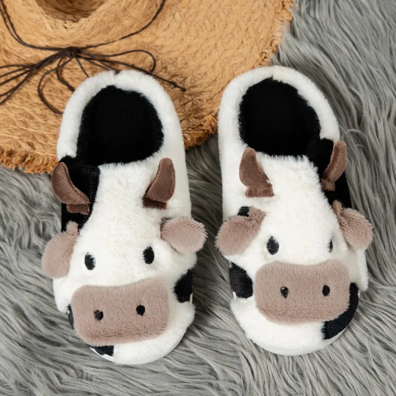 Women Winter Warm Slippers Cartoon Shoes Furry Plush Slides Round Toe Flats Indoor Home Bedroom Floor Slippers Ladies Shoe